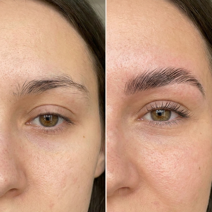 Before and after comparison of a woman's eye area with and without makeup.